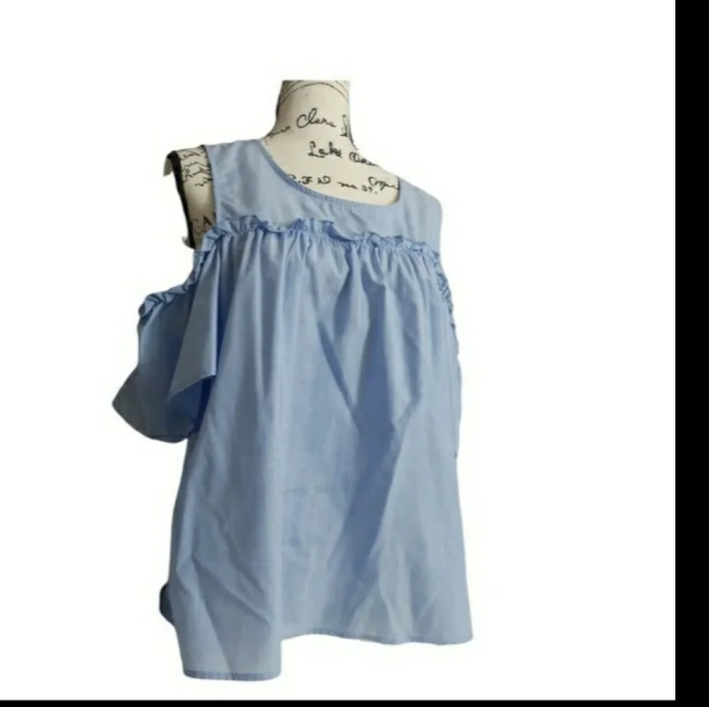 Womens sz XXL blue white pinstripe no comment could shoulder top - Picture 1 of 7